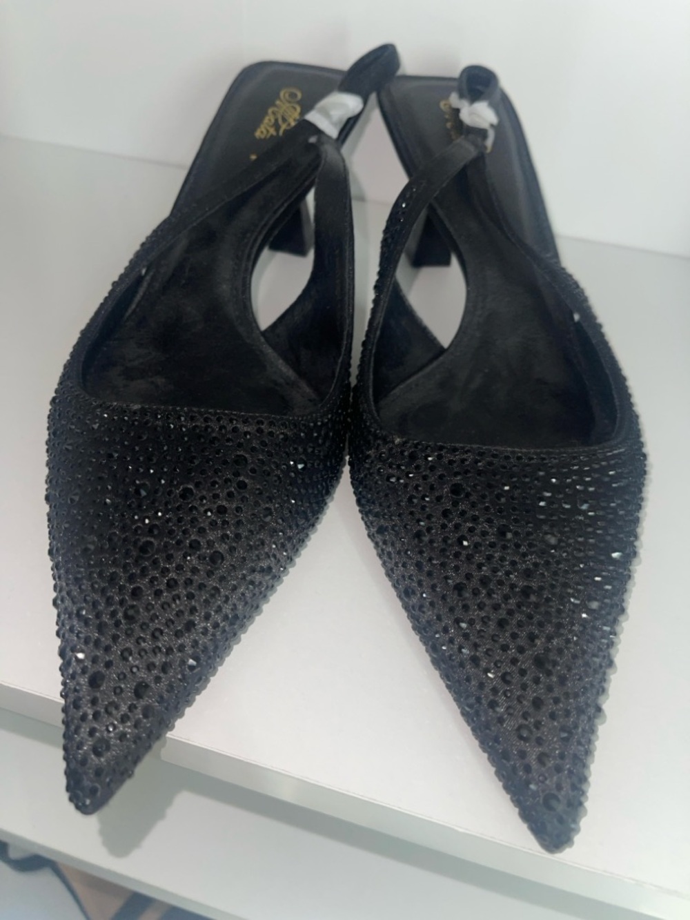 Black Rhinestone Pointed-Toe Slingback Heels - Women's